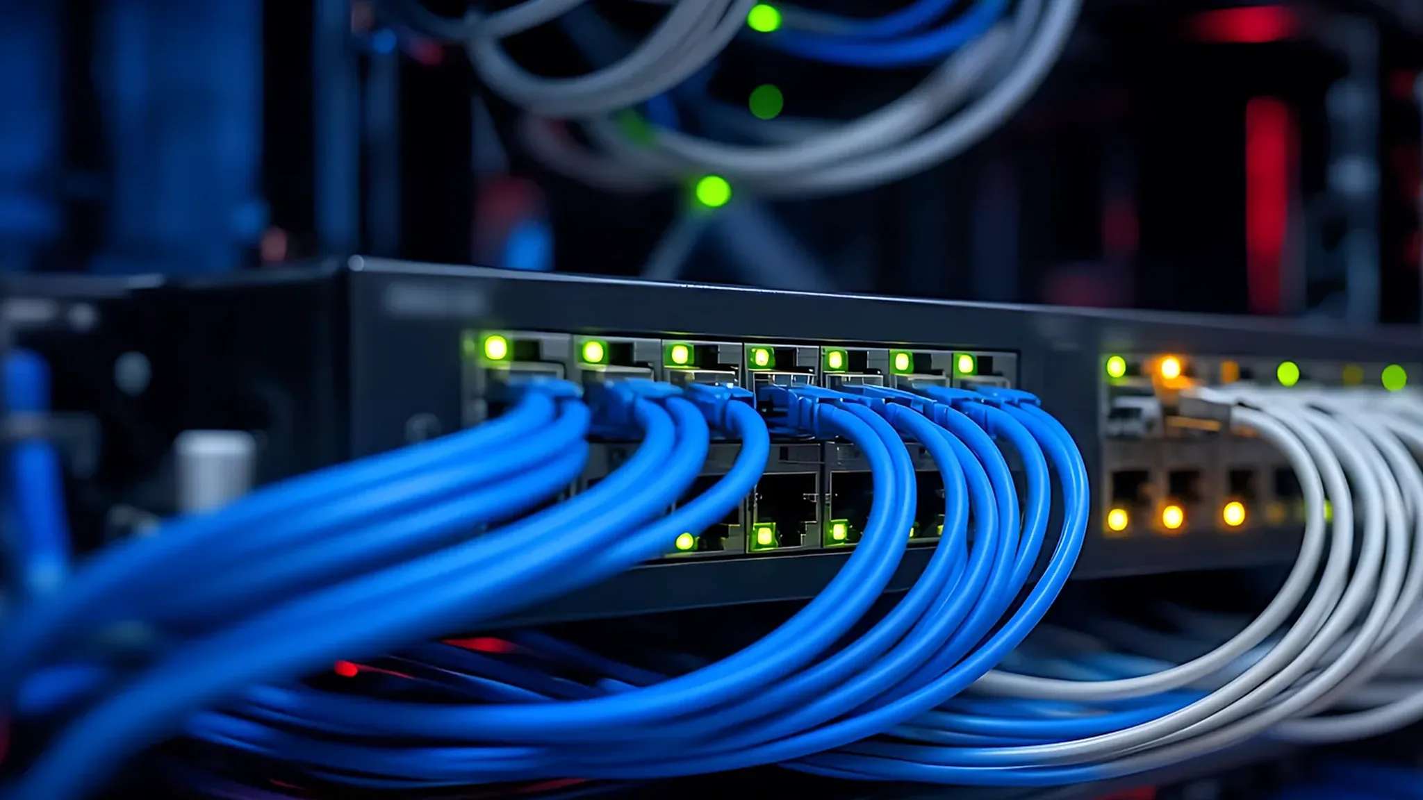 Network switch with blue and white patch cables plugged into its ports