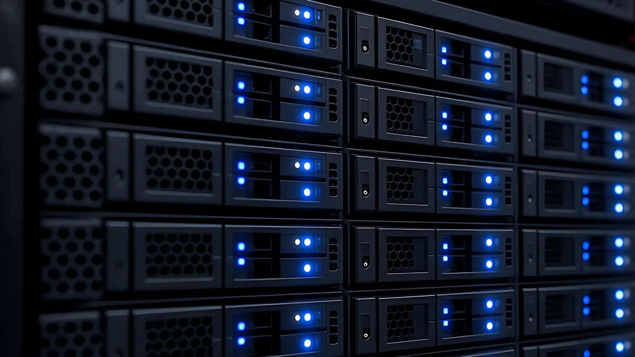 Front panels of rack-mounted servers with blue status lights