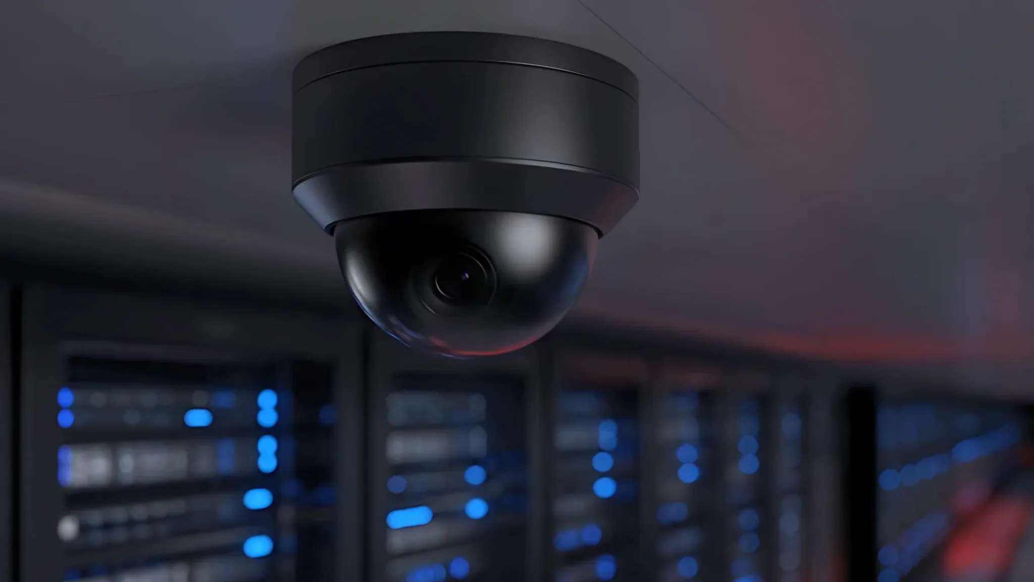 Ceiling security camera above a row of server racks