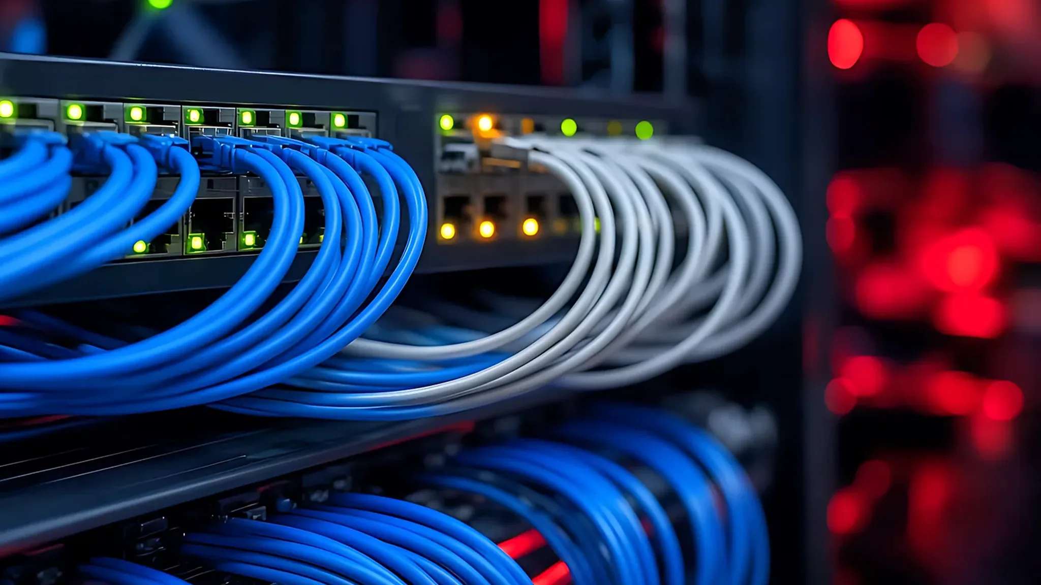 Bundles of blue and white patch cables running into a switch