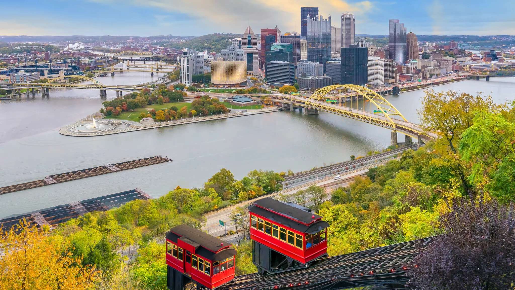 Downtown Pittsburgh skyline and the Point from the Duquesne Incline in autumn, with two incline cars