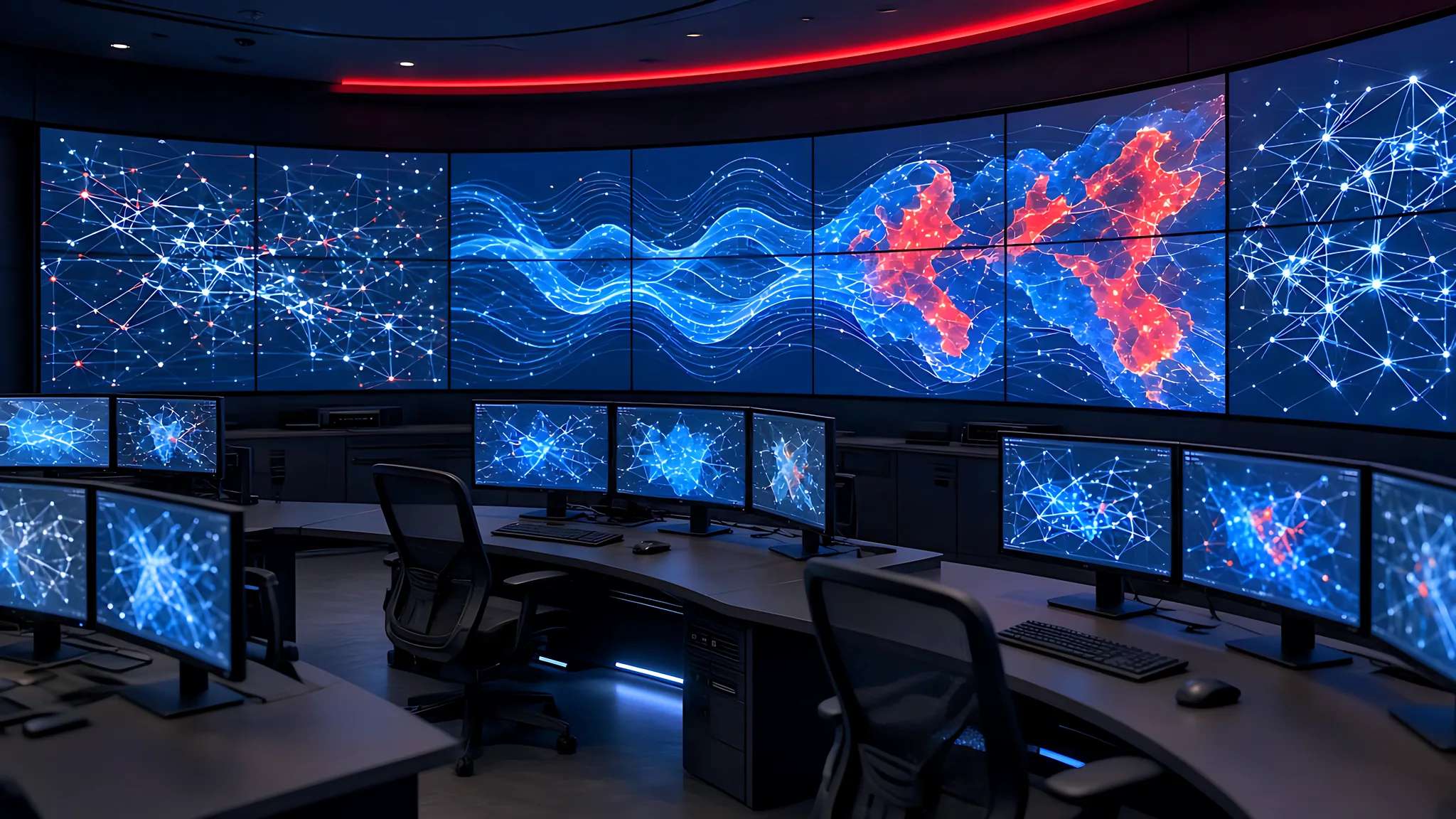 Network operations center with monitoring screens showing abstract dashboards