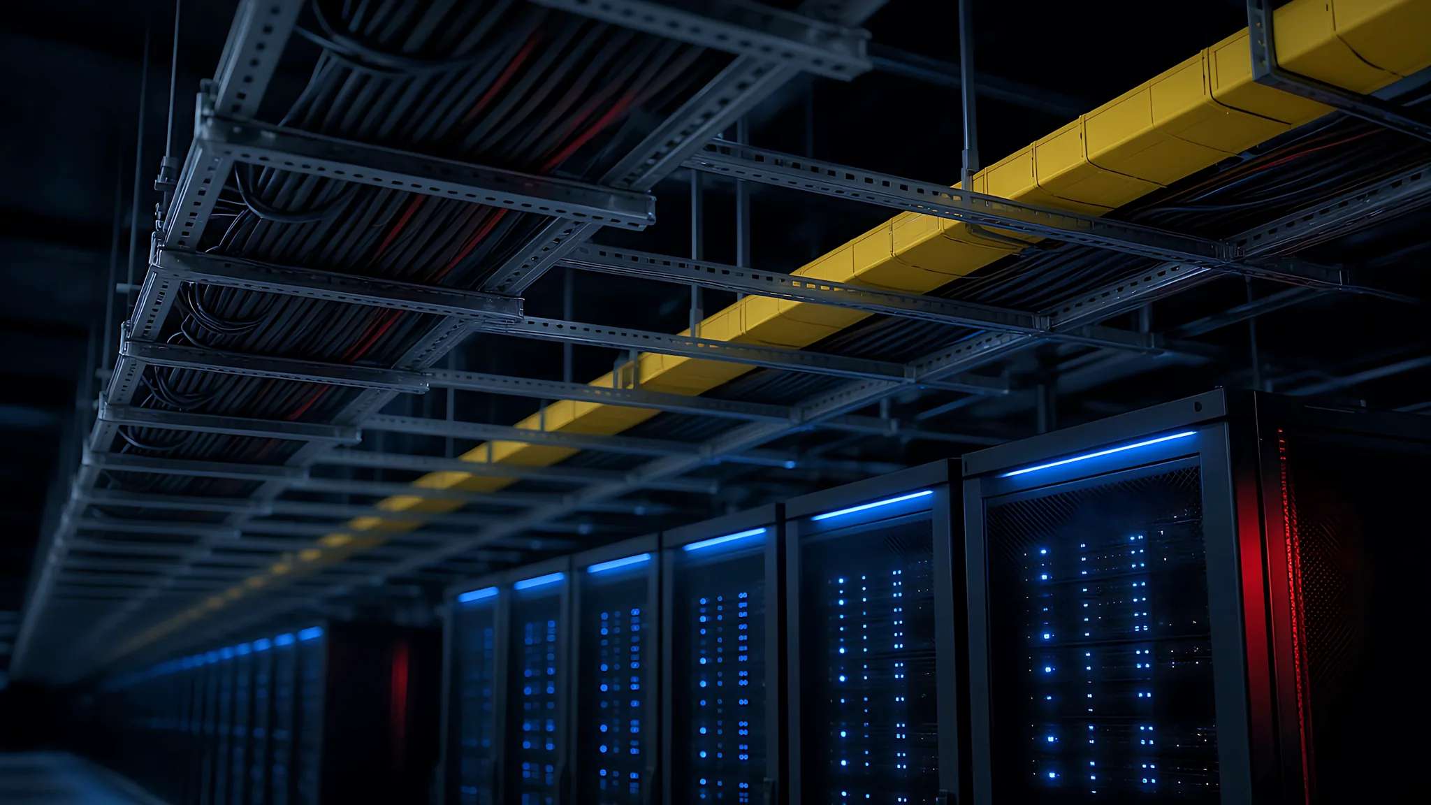 Overhead cable trays and fiber raceway above server racks