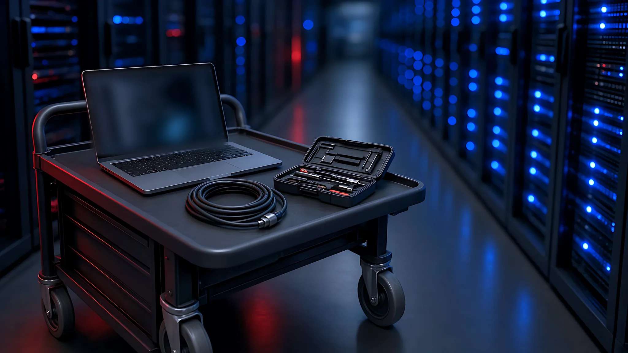 Technician crash cart ready for remote hands work in a server aisle