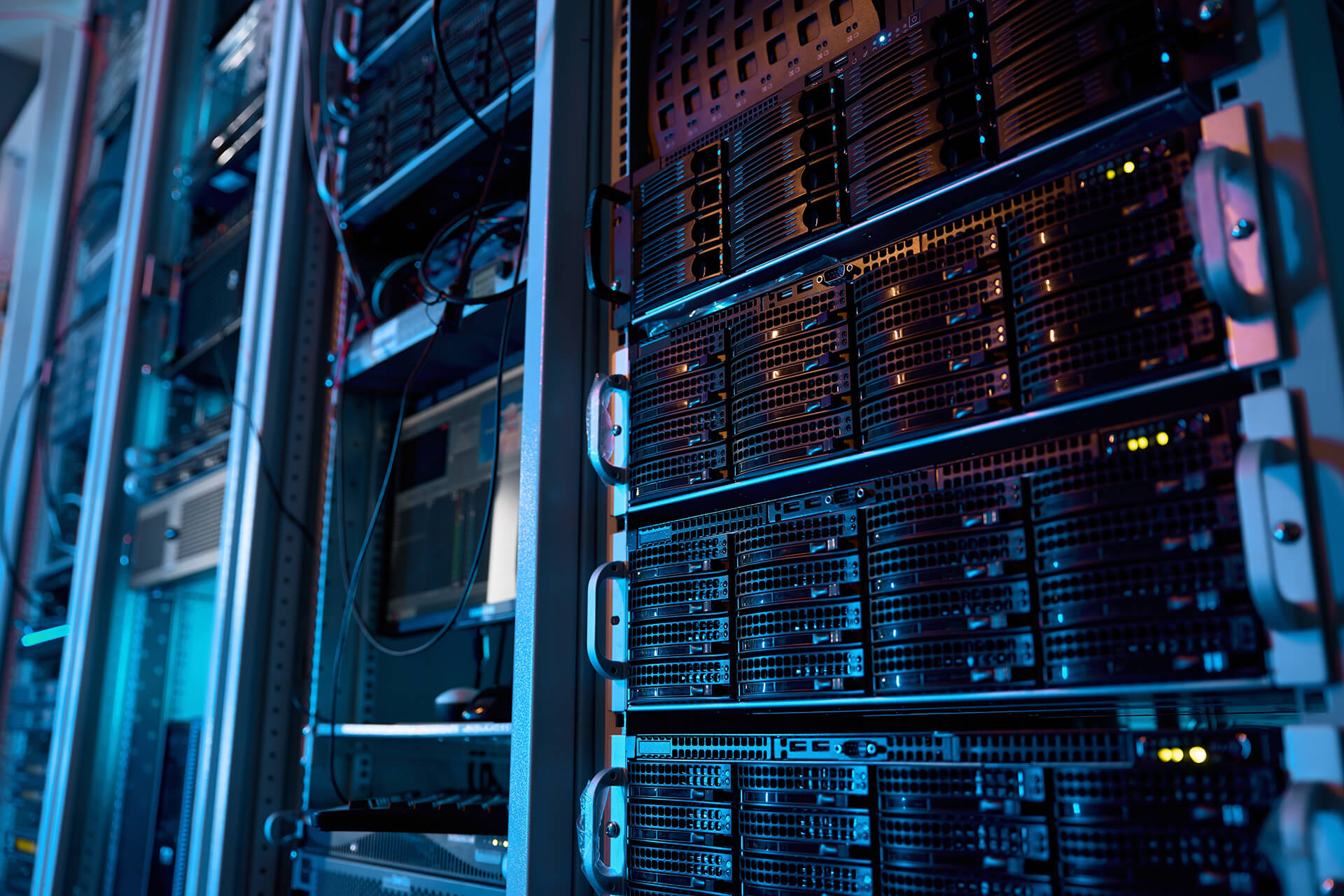 A closeup photo of server racks in a data center.